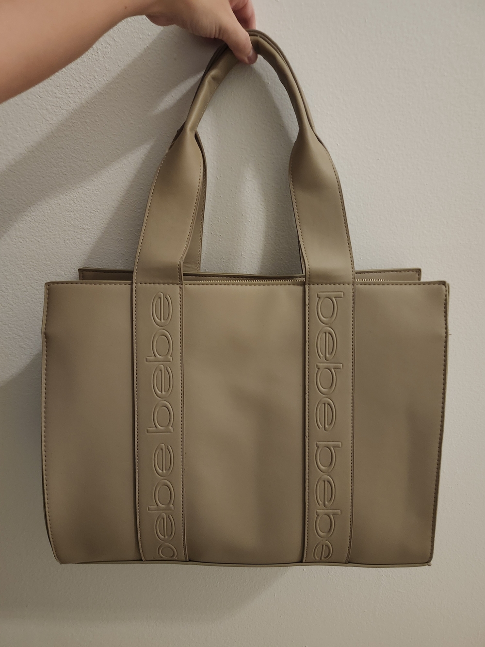 bebe Taupe Logo Strap Tote Bag